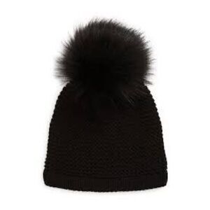 Kyi Kyi Womens Wool Blend Faux Fur Pom-Pom Icon Beanie Hat Black One Size NWT